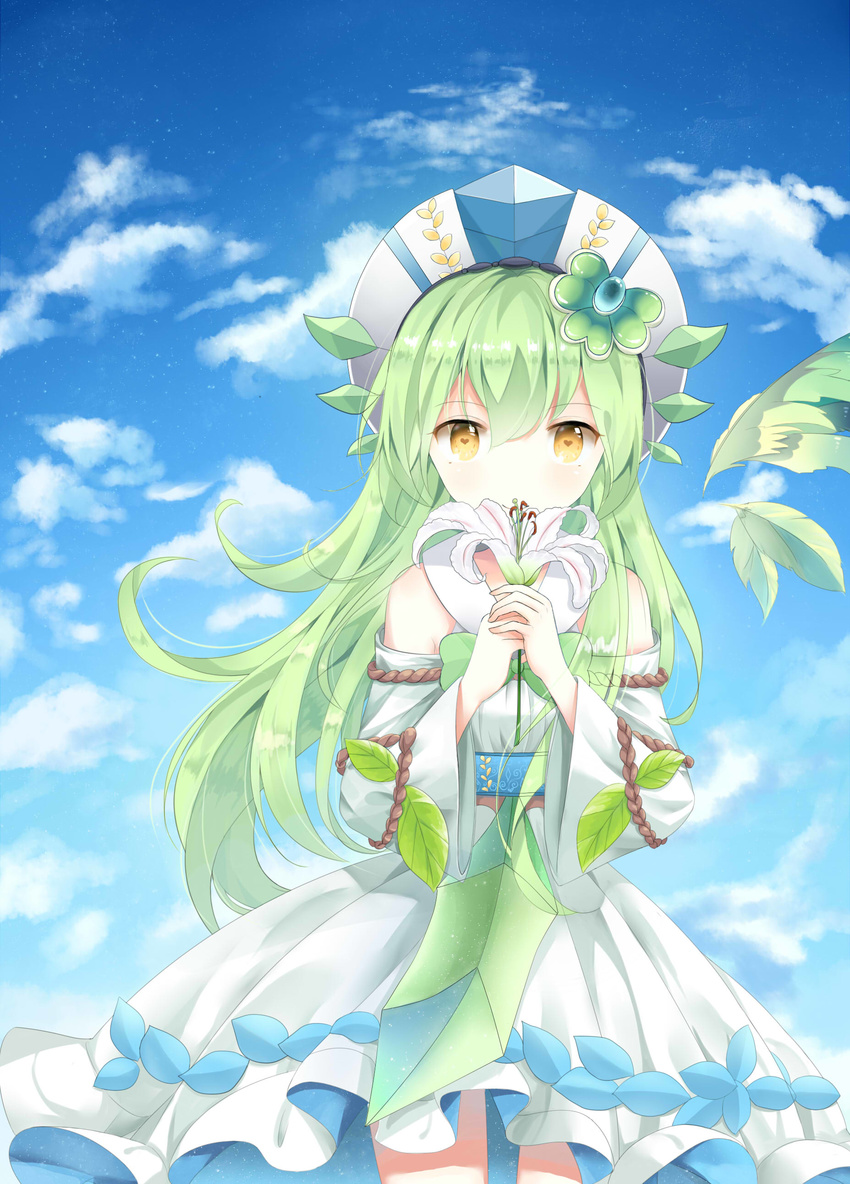 absurdres bare_shoulders benghuai_xueyuan eyebrows_visible_through_hair flower green_hair heart heart-shaped_pupils highres holding holding_flower long_hair looking_at_viewer solo symbol-shaped_pupils yellow_eyes yue_yue