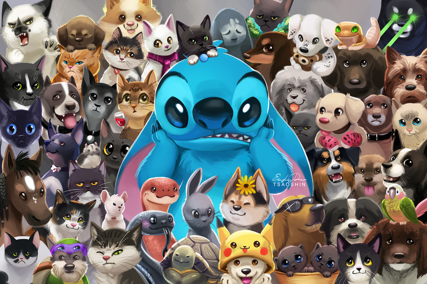 &lt;3 2017 alcohol alien avian beverage big_ears bird black_claws black_eyes black_nose blue_claws blue_eyes blue_fur blue_nose boa_(clothing) brown_eyes canine chest_tuft claws collar costume cute digital_drawing_(artwork) digital_media_(artwork) disney dog donatello_(tmnt) ears_down equine experiment_(species) eyewear feral flower frown fur gecko gerbil green_eyes group hands_on_face hat head_tuft hi_res hissing horse lagomorph laser_eyes lilo_and_stitch lizard looking_at_viewer mammal mouse nintendo no_sclera open_mouth open_smile parakeet parrot pikachu pink_nose plant pok&eacute;mon rabbit reptile rodent scalie scarf semi-anthro sibling signature slit_pupils smile snake stitch sunglasses teenage_mutant_ninja_turtles tongue tongue_out tsaoshin tuft turtle twins video_games watermark whiskers wine yellow_sclera