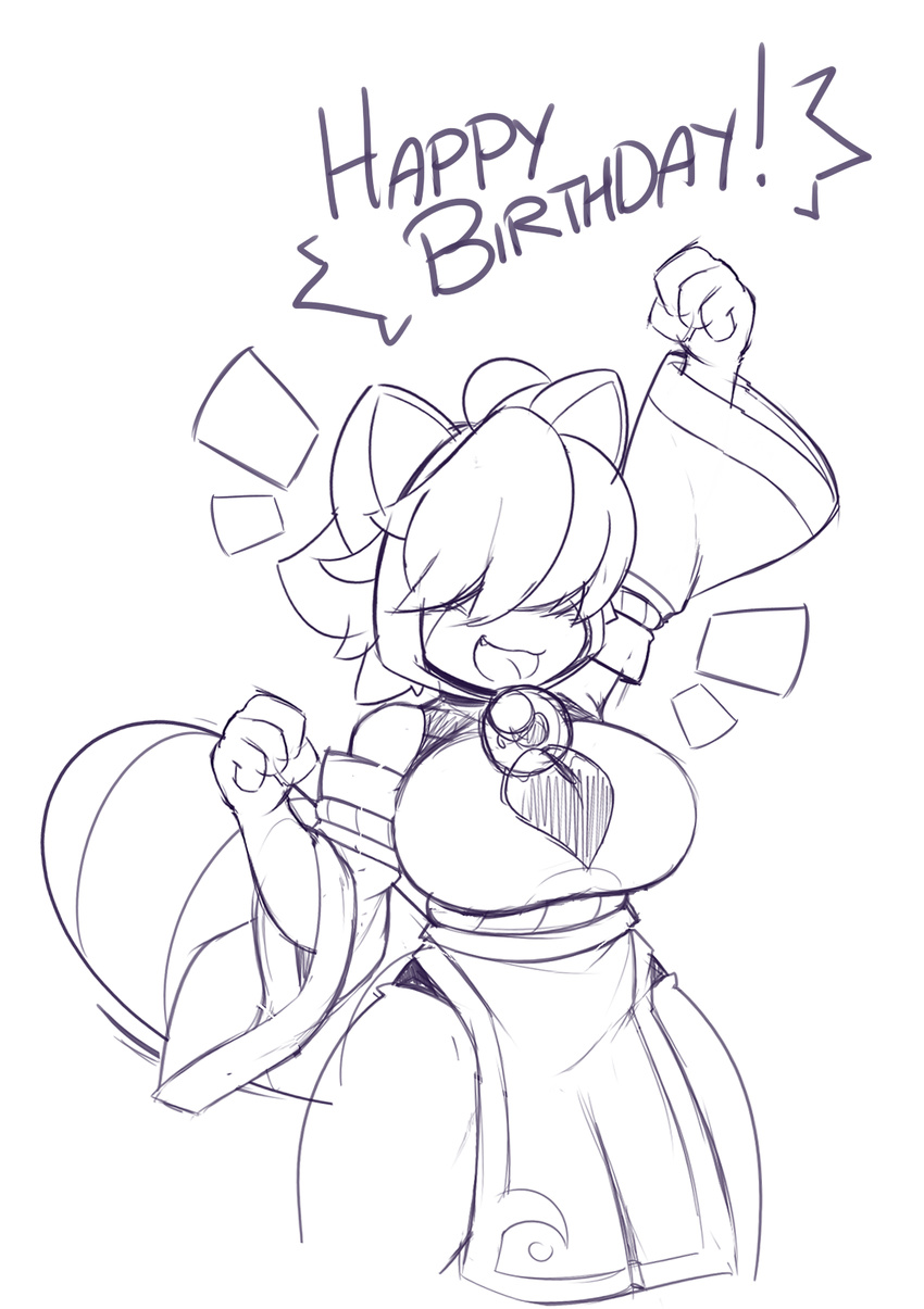 2017 4_fingers :3 anthro big_breasts breasts clothed clothing crankyconstruct cute dandan digital_media_(artwork) dress female fur hair hair_covering_eyes happy happy_birthday japanese_clothing kimono lunar_regalia mammal nighthead open_mouth paws pose red_panda ringed_tail short_hair shortstack simple_background sketch smile stripes wide_hips