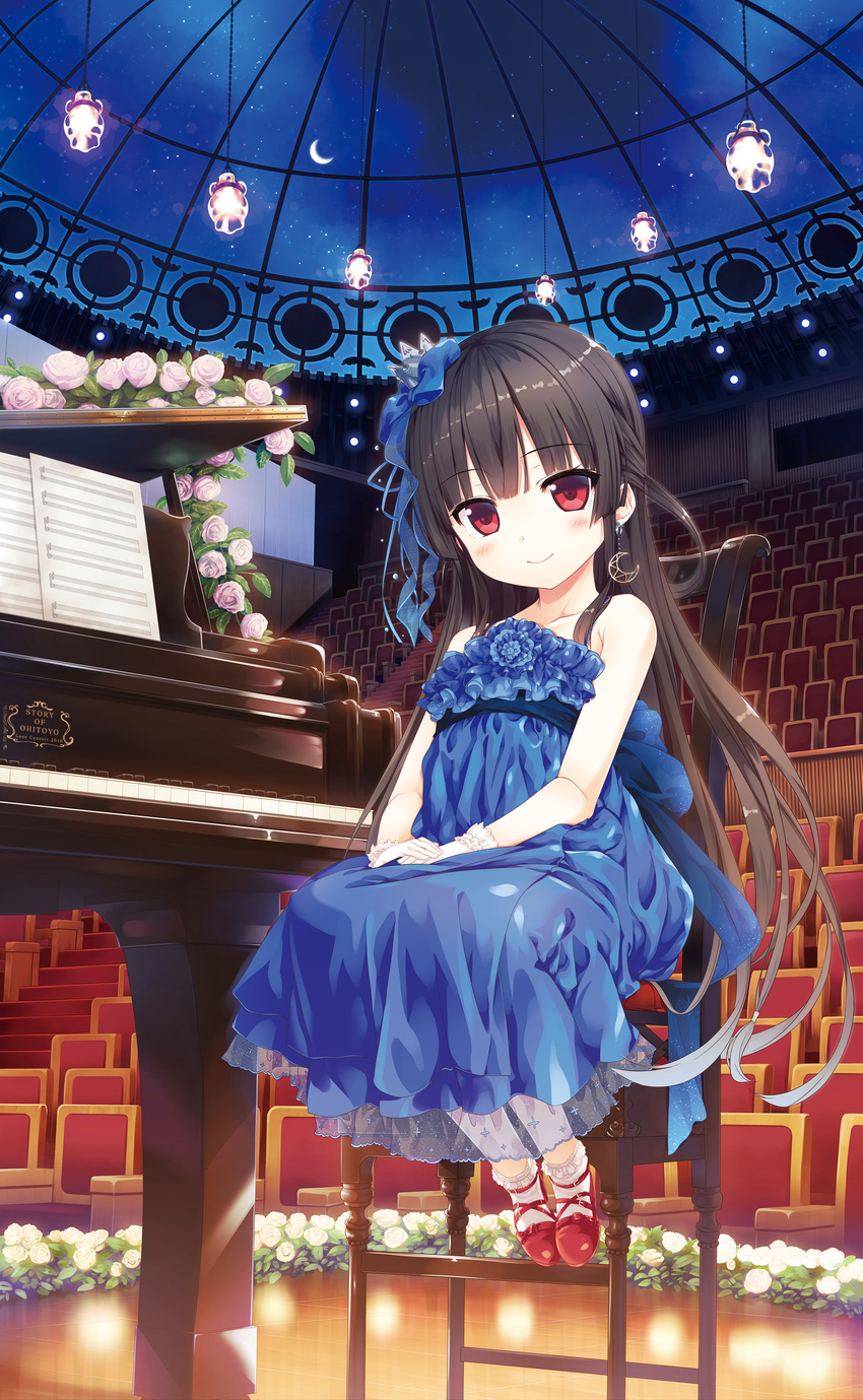 absurdres bangs bare_shoulders blue_bow blue_dress blue_ribbon blunt_bangs blush bow brown_hair chair collarbone crescent crescent_earrings cura dress earrings enty_reward eyebrows_visible_through_hair flower frilled_legwear frills full_body gloves grand_piano hachiroku_(maitetsu) hair_bow hair_ribbon hands_on_lap highres indoors instrument jewelry leaf long_hair looking_at_viewer maitetsu night night_sky paid_reward piano plant red_eyes red_footwear ribbon rose sash sheet_music shoes sitting sky smile solo star_(sky) starry_sky very_long_hair white_flower white_gloves white_legwear white_rose wooden_floor