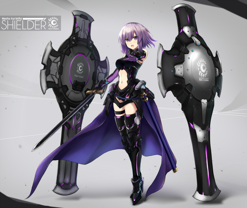 :o armor armpit_peek bangs bare_shoulders belt beltskirt black_gloves black_legwear black_leotard blue_belt boots breasts character_name elbow_gloves emblem fate/grand_order fate_(series) faulds full_body gloves glowing greaves grey_background hair_between_eyes halterneck high_heel_boots high_heels highres holding holding_sword holding_weapon laurel_crown lavender_hair legs_together leotard looking_at_viewer mash_kyrielight medium_breasts multicolored multicolored_clothes multicolored_gloves navel navel_cutout neon_trim open_mouth outstretched_arm purple_gloves purple_hair saamon_(railgun0522) scabbard serious shadow sheath shield short_hair simple_background stomach sword thigh_strap thighhighs unsheathed vambraces waist_cape weapon