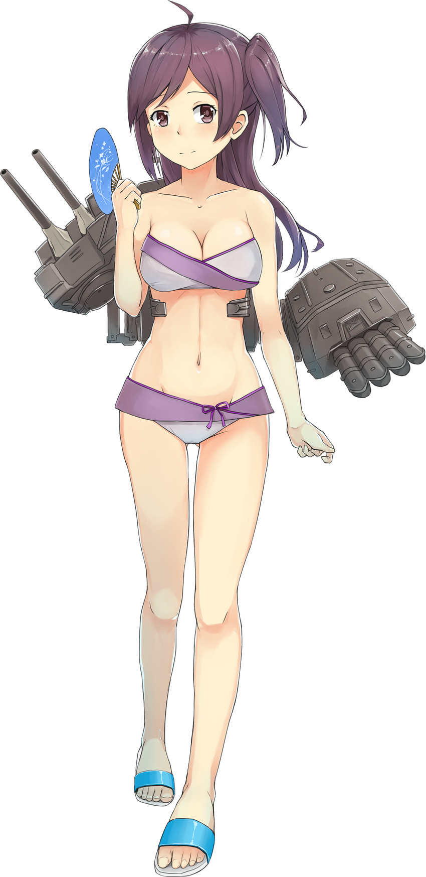 ahoge bandeau bare_shoulders bikini breasts cameltoe cannon cleavage fan full_body hagikaze_(kantai_collection) highres kantai_collection long_hair looking_at_viewer machinery medium_breasts navel one_side_up purple_bikini purple_hair ray_neko-san rigging sandals skindentation solo standing swimsuit torpedo_tubes transparent_background turret yellow_eyes