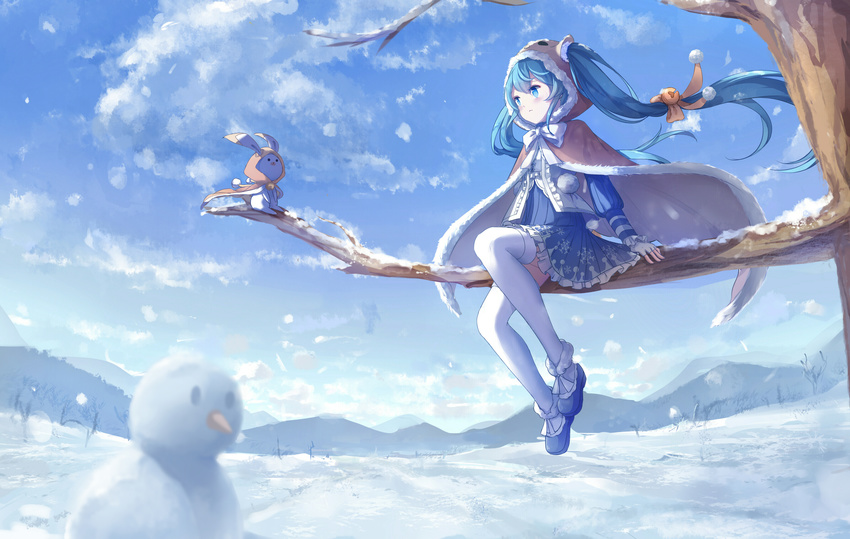 absurdres animal aqua_eyes aqua_hair blue_footwear bunny cape cloak clothed_animal cloud day ears_through_headwear floating_hair full_body hair_through_headwear hatsune_miku highres hood hood_up hooded_cloak in_tree long_hair outdoors revision shoes sitting sitting_in_tree skirt sky snow snowman thighhighs tree twintails very_long_hair vocaloid white_legwear yue_yue yuki_miku yukine_(vocaloid)