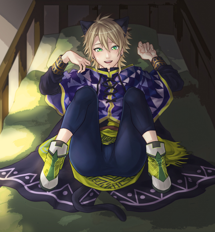 1boy a3! animal_ears ass blanket blush cat_ears cat_tail earrings fake_animal_ears green_eyes highres jewelry looking_at_viewer lying male_focus miyoshi_kazunari on_back on_bed pillow pov solo tail three_(pixiv17689488)