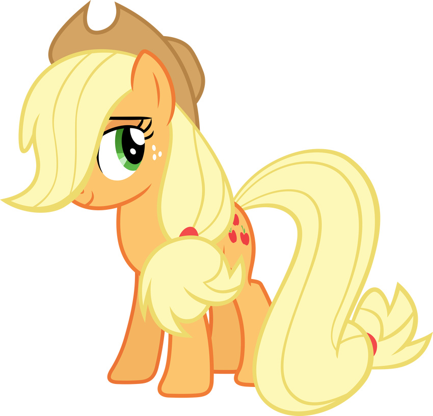 applejack_(mlp) blonde_hair cowboy_hat cutie_mark earth_pony equine female feral friendship_is_magic green_eyes hair hair_over_eye hat hi_res horse looking_at_viewer magister39 mammal my_little_pony pony shy solo