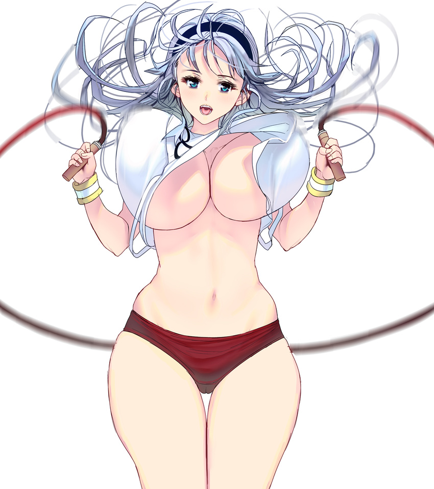 blue_eyes bouncing_breasts breasts buruma cameltoe gym_uniform hairband highres jump_rope large_breasts long_hair looking_at_viewer masao navel open_mouth original silver_hair simple_background skindentation solo thick_thighs thigh_gap thighs tongue underboob white_background