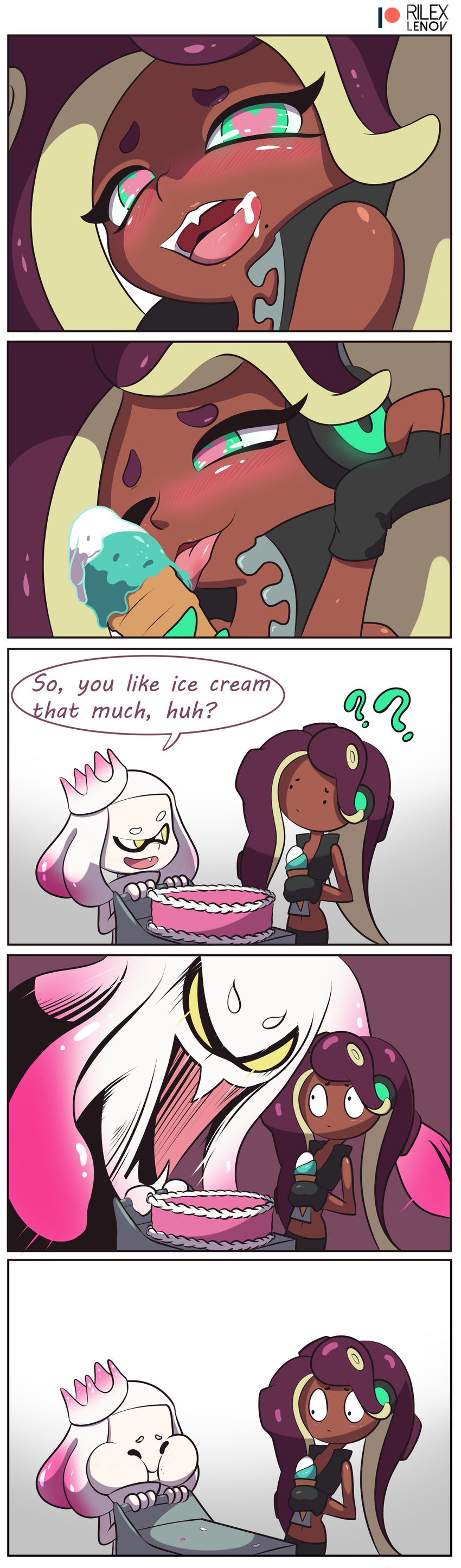 ? ?? absurdres blush cake comic commentary crown dark_skin domino_mask eating english food headphones highres hime_(splatoon) horror_(theme) ice_cream iida_(splatoon) licking mask mole mole_under_mouth naughty_face octarian one_eye_closed rilex_lenov sexually_suggestive speech_bubble splatoon_(series) splatoon_2 tentacle_hair text_focus tongue tongue_out