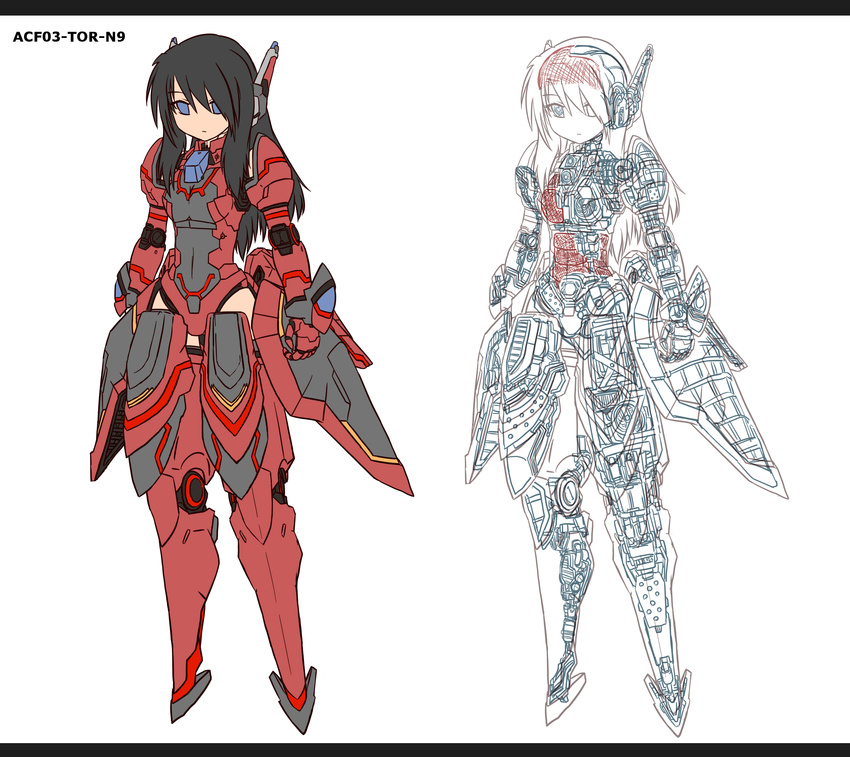 android armor bangs black_hair blue_eyes check_commentary commentary commentary_request dark_toyota_rising flat_color highres long_hair multiple_views phantasy_star phantasy_star_online_2 skeleton