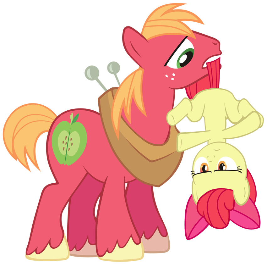 alpha_channel apple_bloom_(mlp) big_macintosh_(mlp) bow cub cutie_mark duo earth_pony equine female feral friendship_is_magic green_eyes hair hooves horse kurosakisoarin male mammal my_little_pony orange_eyes pony red_hair simple_background teeth transparent_background upside_down young
