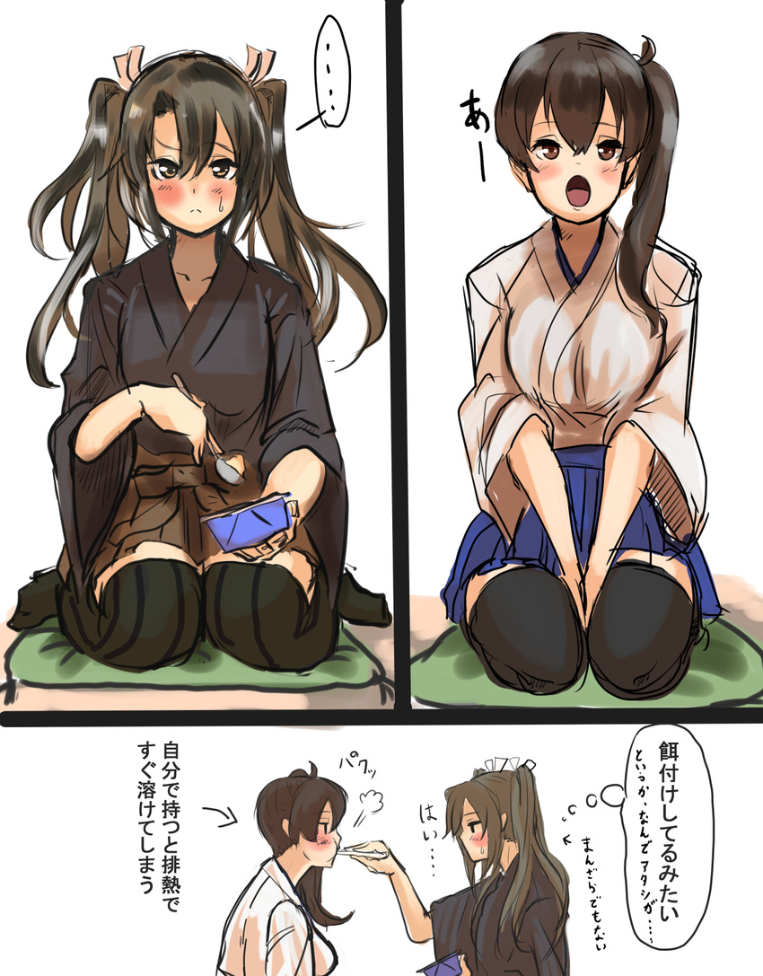 alternate_hair_length alternate_hairstyle blush brown_hair comic commentary cushion eating feeding food grey_hair hair_ribbon hakama_skirt hey_taishou highres ice_cream japanese_clothes kaga_(kantai_collection) kantai_collection multiple_girls open_mouth remodel_(kantai_collection) ribbon seiza side_ponytail sitting sketch spoon spoon_in_mouth sweatdrop thighhighs translated twintails wariza zuikaku_(kantai_collection)