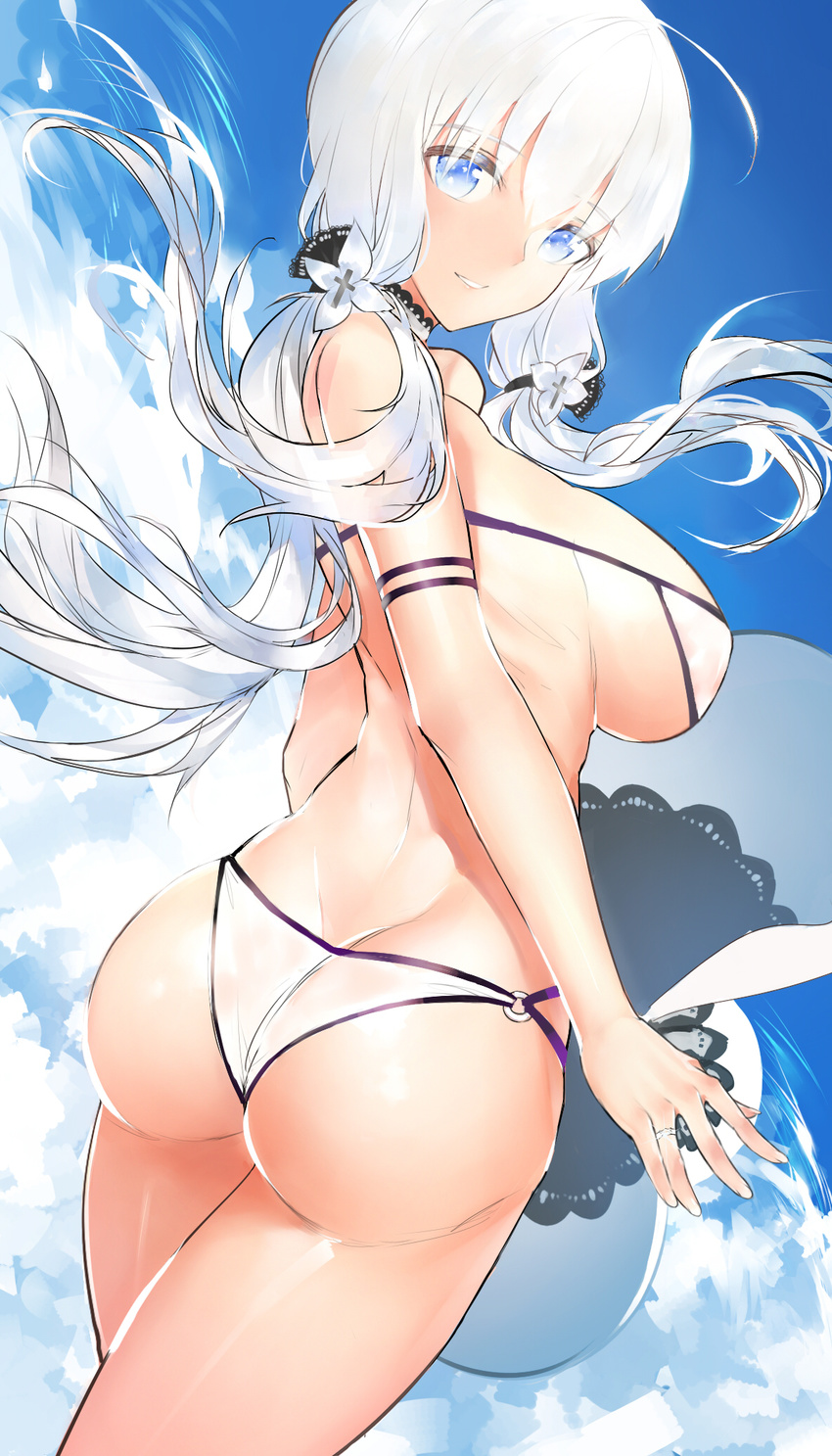 :d ahoge arm_at_side arm_strap ass azur_lane back bangs bare_shoulders bikini black_bow blue_eyes blue_sky bow breasts butt_crack choker cloud cloudy_sky commentary cowboy_shot day eyebrows_visible_through_hair flower from_behind hair_between_eyes hair_bow hair_flower hair_ornament hair_ribbon hat hat_removed headwear_removed highres holding holding_hat horz illustrious_(azur_lane) jewelry lace-trimmed_bow lace-trimmed_choker lace_trim large_breasts legs_together long_hair looking_at_viewer looking_back low_ponytail o-ring o-ring_bikini o-ring_bottom open_mouth outdoors ponytail ribbon ring sideboob sidelocks sky smile solo swimsuit teeth tress_ribbon twisted_torso wedding_band white_bikini white_choker white_flower white_hair