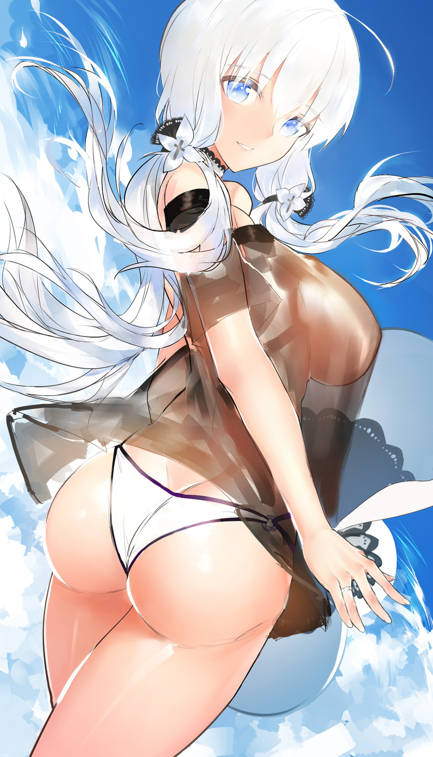 :d ahoge arm_at_side arm_strap ass azur_lane back bangs bare_shoulders bikini bikini_bottom black_bow black_shirt blue_eyes blue_sky bow breasts butt_crack choker cloud cloudy_sky commentary cowboy_shot day eyebrows_visible_through_hair flower from_behind hair_between_eyes hair_bow hair_flower hair_ornament hair_ribbon hat hat_removed headwear_removed highres holding holding_hat horz illustrious_(azur_lane) jewelry lace-trimmed_bow lace-trimmed_choker lace_trim large_breasts legs_together long_hair looking_at_viewer looking_back low_ponytail o-ring o-ring_bikini o-ring_bottom off-shoulder_shirt open_mouth outdoors ponytail ribbon ring see-through shirt short_sleeves sideboob sidelocks sky smile solo swimsuit teeth tress_ribbon twisted_torso wedding_band white_bikini white_bikini_bottom white_choker white_flower white_hair wind