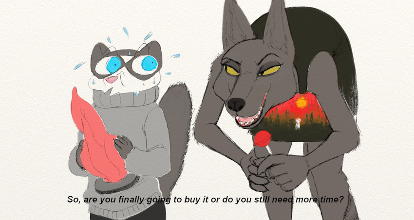 2017 anthro avo_(weaver) candy canine clothed clothing crossover dialogue digital_media_(artwork) disney duo english_text fan_character female food jackal jonsthaman lollipop male mammal mustelid nervous pack_street percy_vison polecat sex_toy simple_background sweat text white_background zootopia