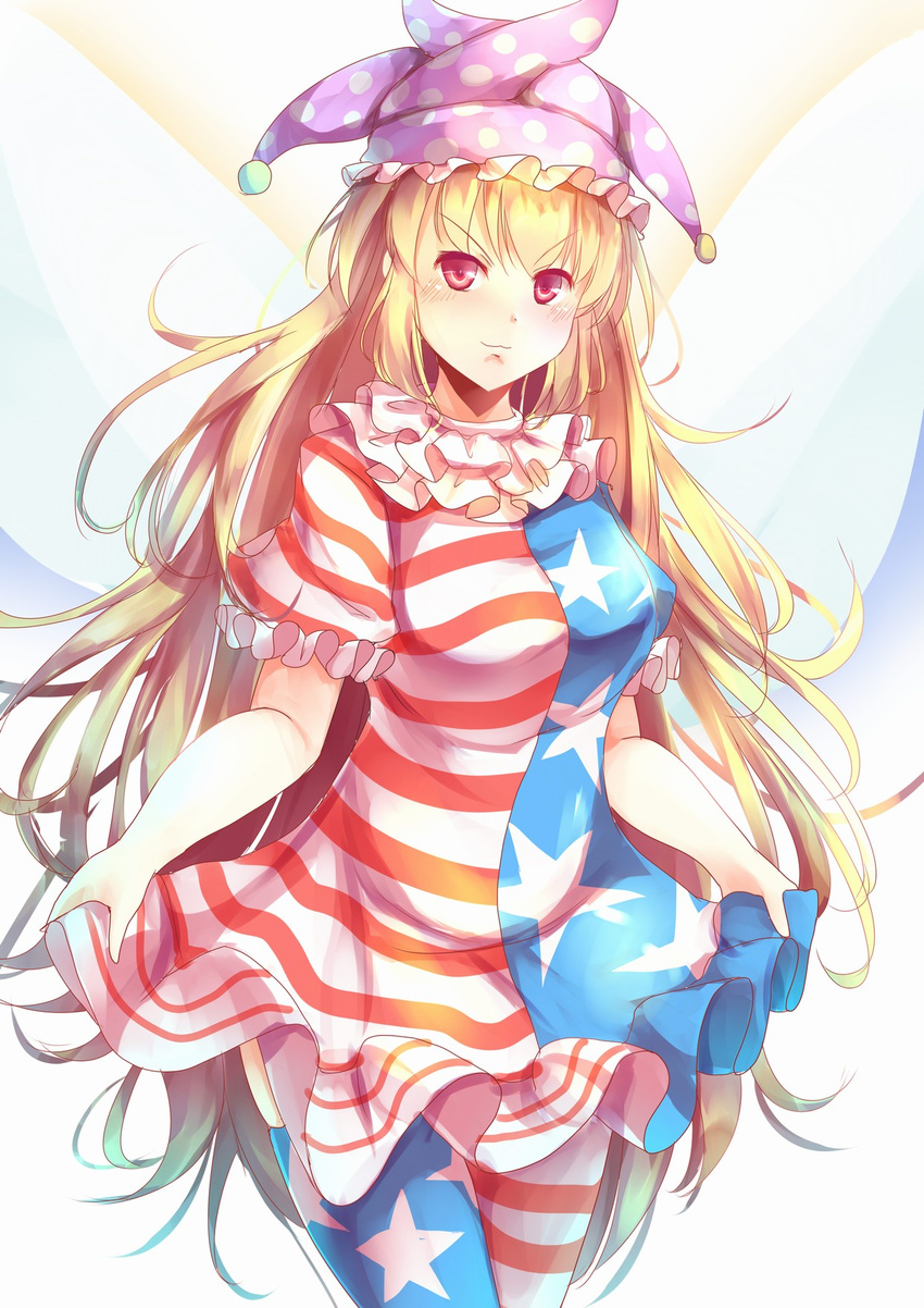 :3 alternate_breast_size american_flag_dress american_flag_legwear blonde_hair breasts clownpiece cowboy_shot curtsey dress fairy_wings frills hat highres jester_cap kanzakietc large_breasts long_hair looking_at_viewer neck_ruff older pink_eyes polka_dot_hat purple_hat short_dress short_sleeves simple_background skirt_hold smile solo thighhighs touhou v-shaped_eyebrows very_long_hair white_background wings