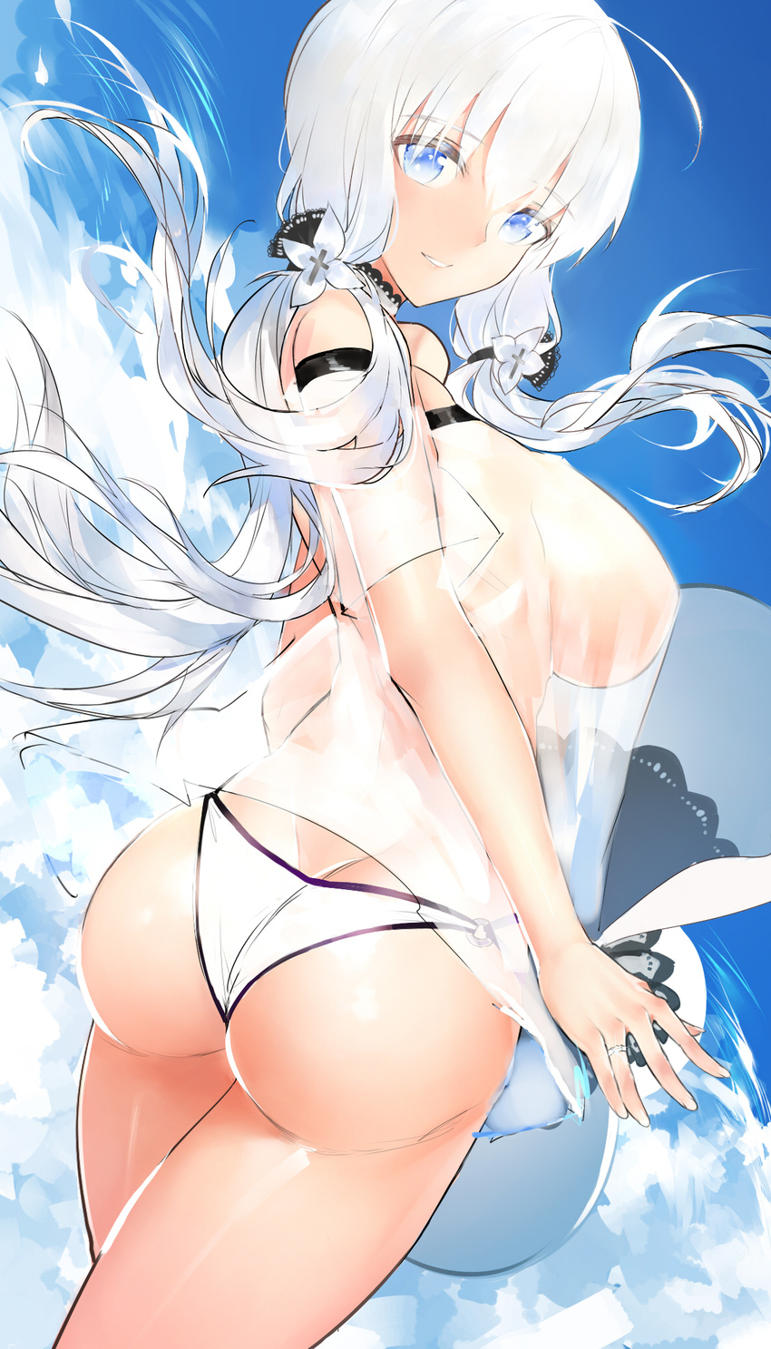 :d ahoge arm_at_side arm_strap ass azur_lane back bangs bare_shoulders bikini bikini_bottom black_bow blue_eyes blue_sky bow breasts butt_crack choker cloud cloudy_sky commentary cowboy_shot day eyebrows_visible_through_hair flower from_behind hair_between_eyes hair_bow hair_flower hair_ornament hair_ribbon hat hat_removed headwear_removed highres holding holding_hat horz illustrious_(azur_lane) jewelry lace-trimmed_bow lace-trimmed_choker lace_trim large_breasts legs_together long_hair looking_at_viewer looking_back low_ponytail o-ring o-ring_bikini o-ring_bottom off-shoulder_shirt open_mouth outdoors ponytail ribbon ring see-through shirt short_sleeves sideboob sidelocks sky smile solo swimsuit teeth tress_ribbon twisted_torso wedding_band white_bikini white_bikini_bottom white_choker white_flower white_hair white_shirt wind