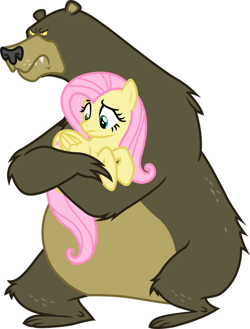 angry bear cutie_mark davidsfire_(artist) equine feathered_wings feathers female feral fluttershy_(mlp) friendship_is_magic hair harry_the_bear_(mlp) hi_res long_hair mammal my_little_pony pegasus pink_hair wings yellow_feathers