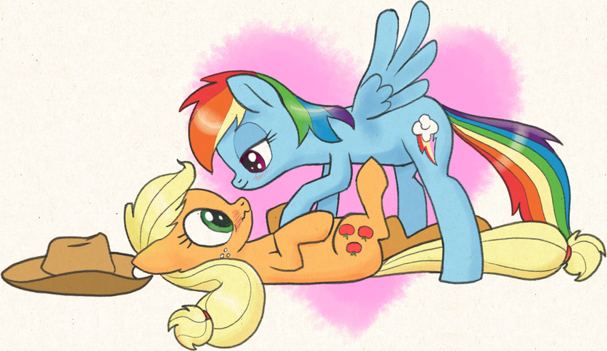 applejack_(mlp) bedroom_eyes blonde_hair blue_feathers blush cowboy_hat cutie_mark duo earth_pony equine eyelashes feathered_wings feathers female feral freckles friendship_is_magic green_eyes hair half-closed_eyes hat horse mammal multicolored_hair multicolored_tail my_little_pony pegasus pencils_(artist) pony rainbow_dash_(mlp) rainbow_hair rainbow_tail seductive wings