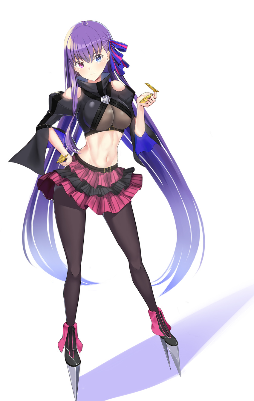 alternate_costume bare_shoulders bb_(fate)_(all) bb_(fate/extra_ccc) black_legwear blue_eyes blush breasts closed_mouth contrapposto crop_top fate/extra fate/extra_ccc fate/grand_order fate_(series) frilled_skirt frills full_body fusion hair_ribbon hand_on_hip heterochromia high_heels highres i.f.s.f large_breasts legs_apart long_hair long_sleeves looking_at_viewer meltlilith midriff miniskirt navel pantyhose passion_lip purple_hair ribbon simple_background skirt smile standing stomach type-moon very_long_hair white_background wide_sleeves