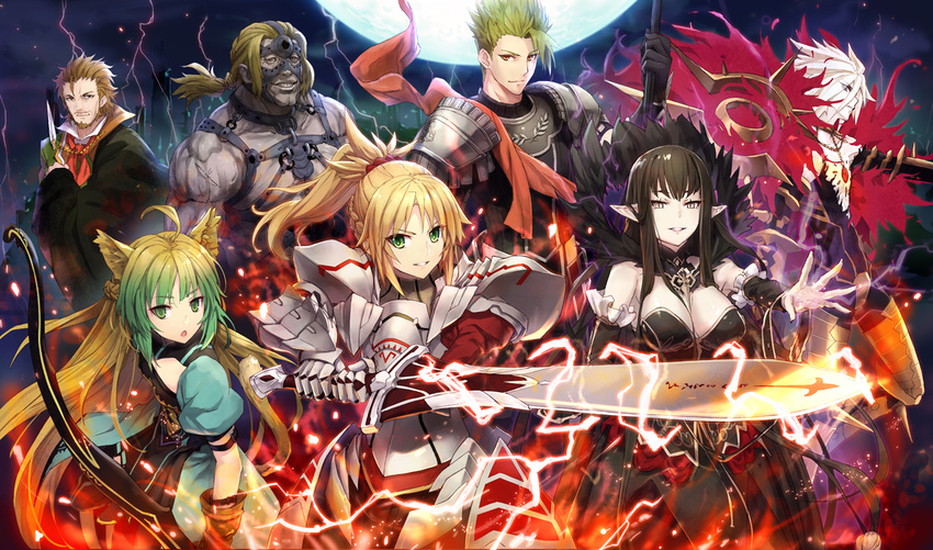 4boys :o achilles_(fate) ahoge animal_ears armor atalanta_(fate) aura bangs bare_shoulders beard black_bodysuit black_dress black_gloves black_hair blonde_hair blue_eyes bodysuit bow_(weapon) braid breastplate breasts brown_eyes brown_hair cape cat_ears clarent closed_mouth collar collarbone commentary_request detached_sleeves dress electricity eyebrows_visible_through_hair facial_hair fate/apocrypha fate_(series) fingernails french_braid full_moon fur_collar gabiran gauntlets gimp_mask gloves gradient_hair greaves green_dress green_eyes green_hair green_jacket grey_eyes grey_skin grin hair_ornament hair_scrunchie high_collar holding holding_bow_(weapon) holding_sword holding_weapon jacket jewelry juliet_sleeves karna_(fate) large_breasts light_particles lightning long_fingernails long_hair long_sleeves looking_at_viewer magic mask moon mordred_(fate) mordred_(fate)_(all) multicolored_hair multiple_boys multiple_girls muscle mustache night night_sky orange_eyes outstretched_arm pale_skin pauldrons pointy_ears polearm ponytail puffy_short_sleeves puffy_sleeves quill red_cape red_scarf red_scrunchie renaissance_clothes scar scarf scrunchie semiramis_(fate) short_sleeves sidelocks sky slit_pupils small_breasts smile spartacus_(fate) spiked_collar spiked_hair spikes standing strapless strapless_dress sword two-handed very_long_hair weapon white_hair white_skin william_shakespeare_(fate) yellow_eyes