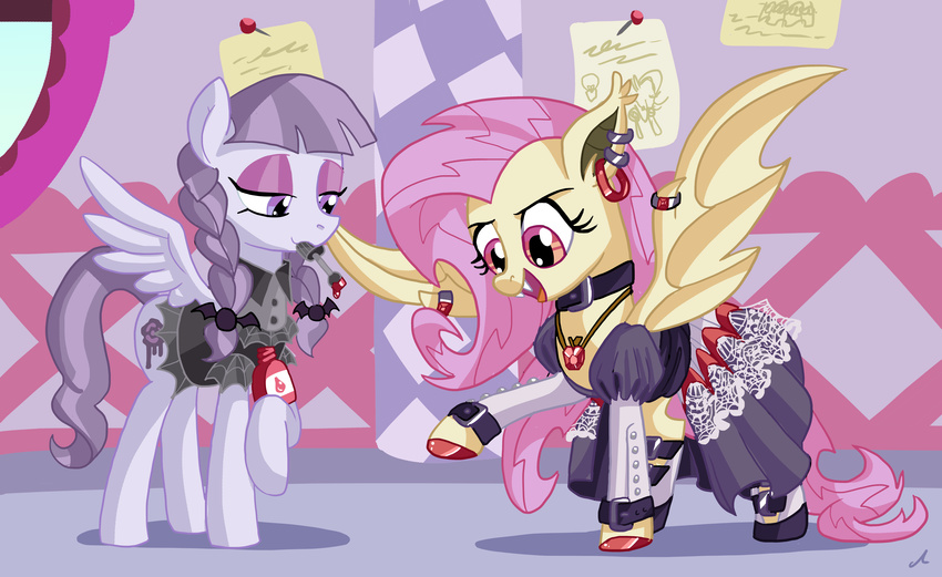 clothing collar docwario dress duo equine fangs female flutterbat_(mlp) fluttershy_(mlp) friendship_is_magic goth inky_rose_(mlp) jewelry mammal my_little_pony necklace pegasus piercing red_eyes wings