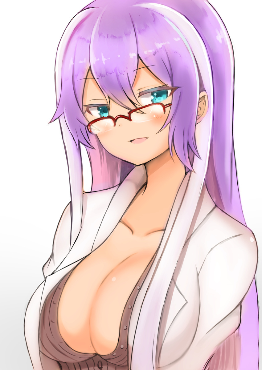 absurdres blue_eyes blush breasts cleavage coat collarbone commentary_request glasses hair_between_eyes highres isabelle_(shadowverse) labcoat large_breasts long_hair looking_at_viewer multicolored_hair open_clothes open_coat parted_lips purple_hair red-framed_eyewear semi-rimless_eyewear shadowverse shibakame simple_background smile two-tone_hair upper_body white_background white_hair