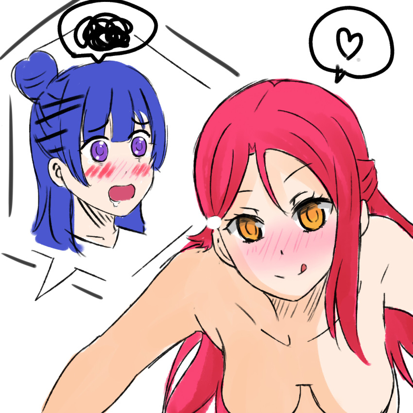 10s 2girls blue_hair breasts drooling eyebrows_visible_through_hair free_chess hair_bun hair_ornament hanging_breasts heart large_breasts long_hair love_live! love_live!_sunshine!! multiple_girls nude open_mouth out-of-frame_censoring purple_eyes red_hair sakurauchi_riko simple_background smile spoken_heart spoken_squiggle squiggle tongue tongue_out tsushima_yoshiko upper_body white_background yellow_eyes yuri