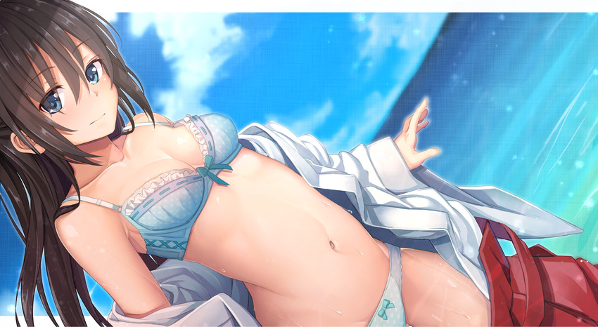 absurdres aqua_bow bangs blue_bra blue_eyes blue_panties blush bow bow_bra bow_panties bra breasts brown_hair closed_mouth collarbone commentary day dutch_angle eyebrows_visible_through_hair hair_between_eyes hakama highres japanese_clothes light_smile long_hair looking_at_viewer medium_breasts miko navel ocean open_clothes original outdoors panties pleated_skirt polka_dot polka_dot_bra polka_dot_panties red_skirt shuutou_haruka sidelocks skirt solo stomach underwear wet