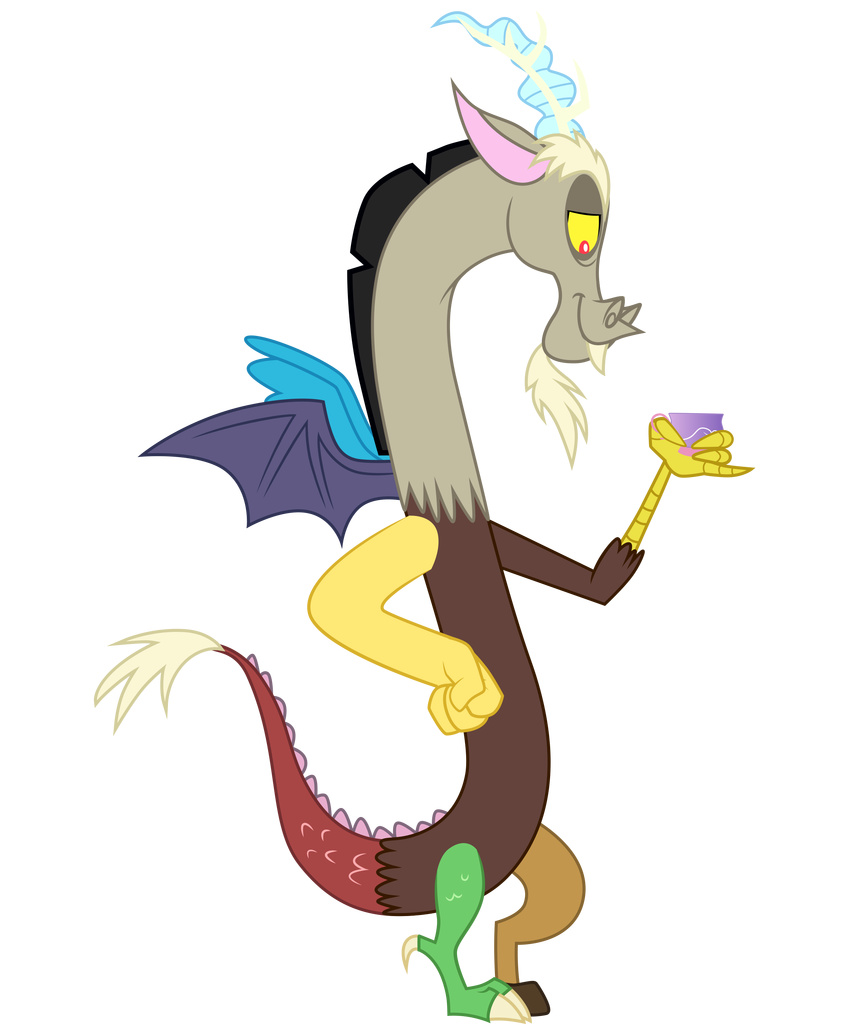 anthro antlers beverage blue_feathers cup discord_(mlp) draconequus fangs feathered_wings feathers friendship_is_magic fur hair hi_res holding_cup horn light262 male mammal my_little_pony red_eyes simple_background smile solo tea tea_cup wings