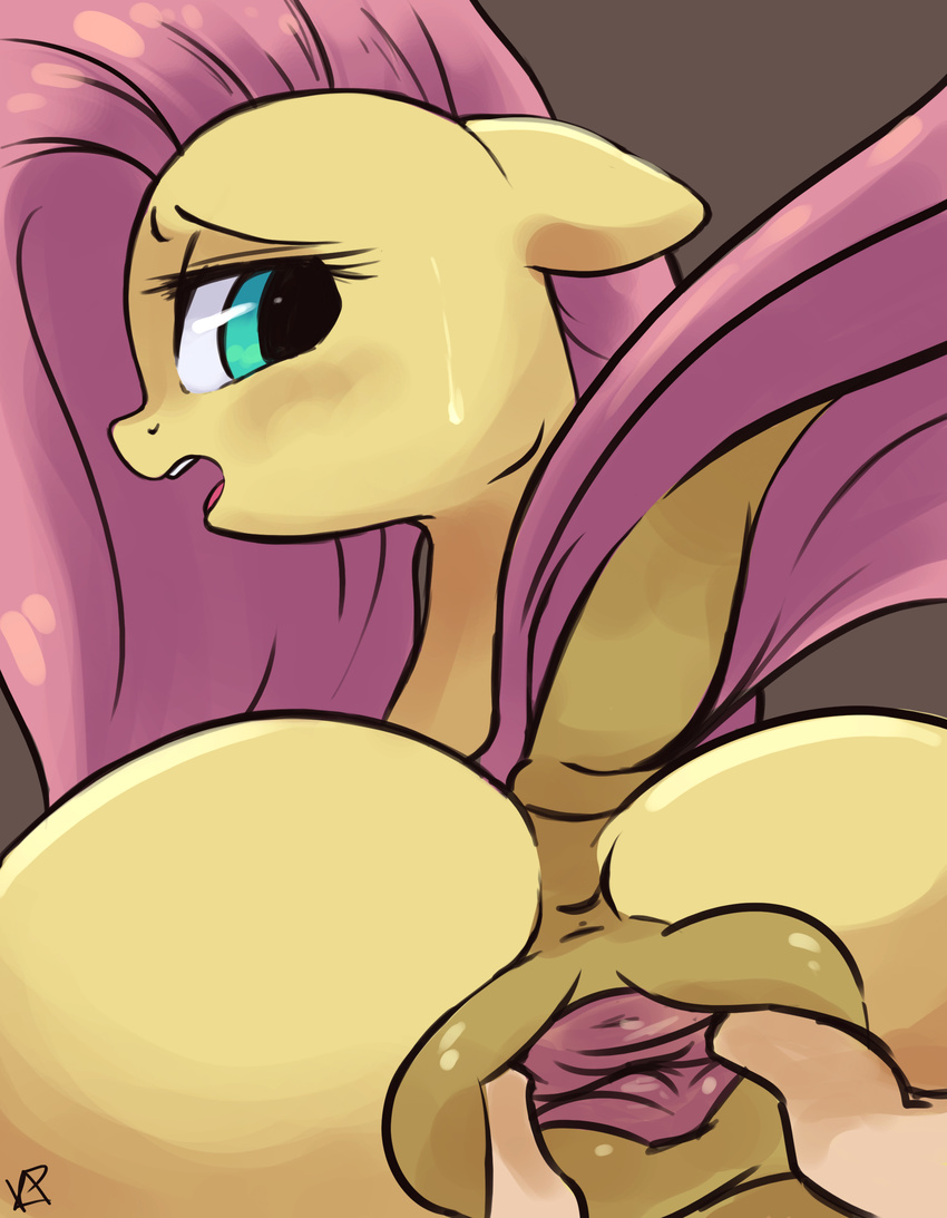 2014 absurd_res anus blush butt disembodied_hand dock duo equine female feral fluttershy_(mlp) friendship_is_magic hair hi_res horse kinkypinkie long_hair looking_back mammal my_little_pony open_mouth pink_hair pony solo_focus spread_anus spreading sweat