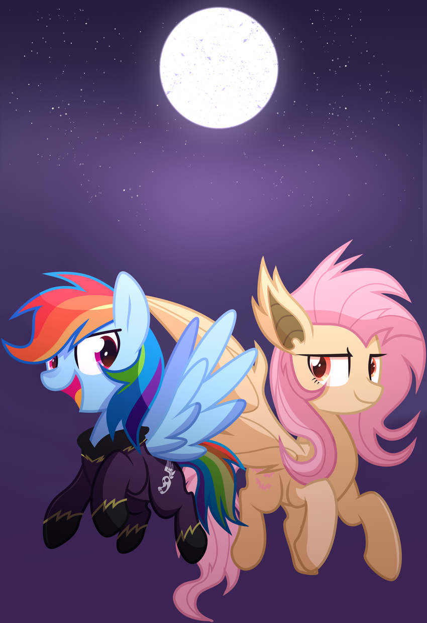 2016 bat clothed clothing costume cutie_mark duo equine feathered_wings feathers female feral flutterbat_(mlp) fluttershy_(mlp) friendship_is_magic fur hair halloween hi_res holidays horse long_hair looking_back mammal moon multicolored_hair my_little_pony night open_mouth open_smile outside pegasus pink_hair pony rainbow_dash_(mlp) rainbow_hair sky smile star wings yaaaco17
