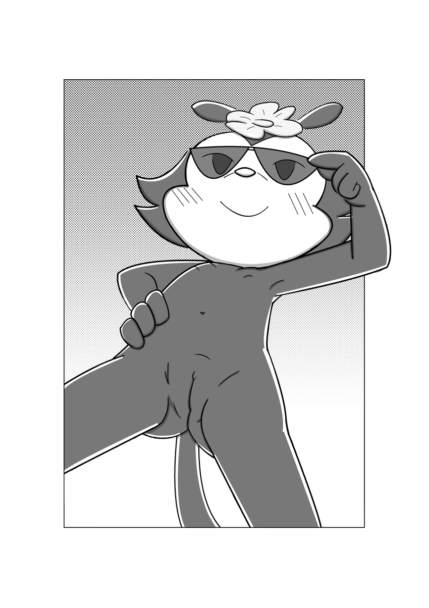 2015 8horns absurd_res animaniacs black_fur blush dot_warner eyewear female flat_chested flower flower_in_hair fur hand_on_hip hi_res invalid_tag low-angle_view mammal monochrome navel nipples nude outside plant pose pussy red_nose smile solo standing sunglasses warner_brothers worm's-eye_view young