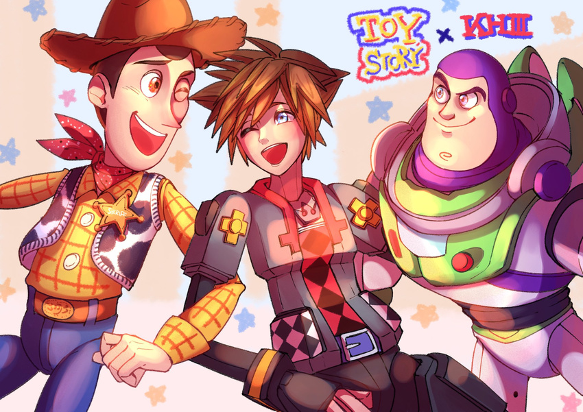 blue_eyes buzz_lightyear highres kingdom_hearts kingdom_hearts_iii locked_arms male_focus multiple_boys one_eye_closed pixar sheriff_woody smile sora_(kingdom_hearts) spacesuit spiked_hair toy toy_story