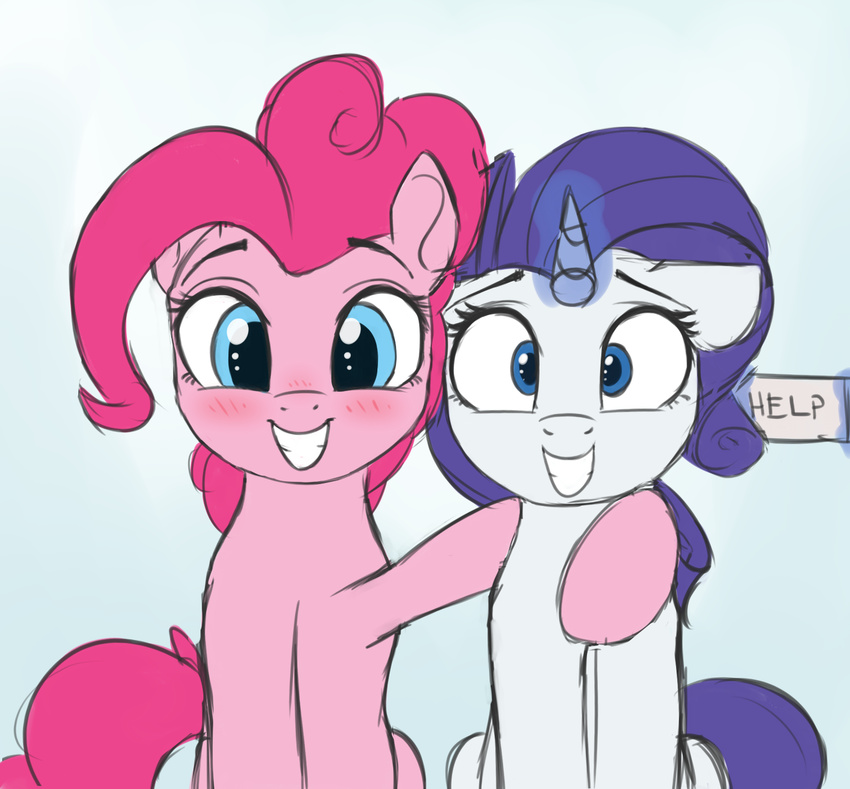 2017 blue_eyes duo earth_pony equine female feral friendship_is_magic hair horn horse looking_at_viewer magic mammal my_little_pony pink_hair pinkie_pie_(mlp) pony purple_hair rarity_(mlp) sign simple_background smile unicorn vanillaghosties white_background