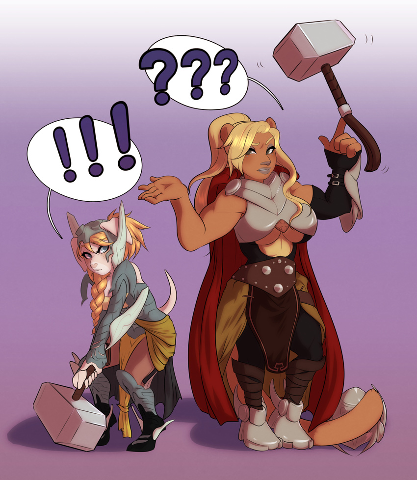 ! 5_fingers ? anthro armor blonde_hair blue_eyes braided_hair breasts canine cat charmrage clothed clothing dog duo feline female hair hammer mammal mjolnir purple_background simple_background thor tools warhammer