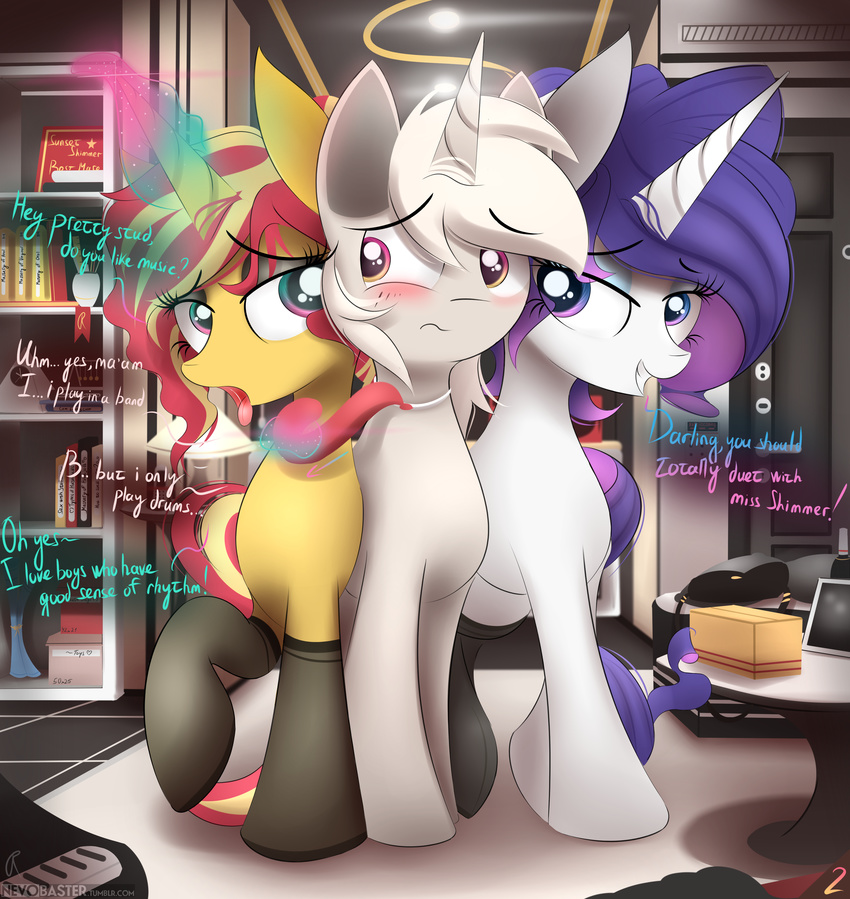 2017 absurd_res alternate_hairstyle blush clothing dialogue english_text equestria_girls equine eyelashes eyeshadow fan_character female feral friendship_is_magic glowing group hair hi_res horn inside legwear magic makeup mammal multicolored_hair my_little_pony nevobaster open_mouth rarity_(mlp) sunset_shimmer_(eg) text tongue tongue_out two_tone_hair unicorn white_hair