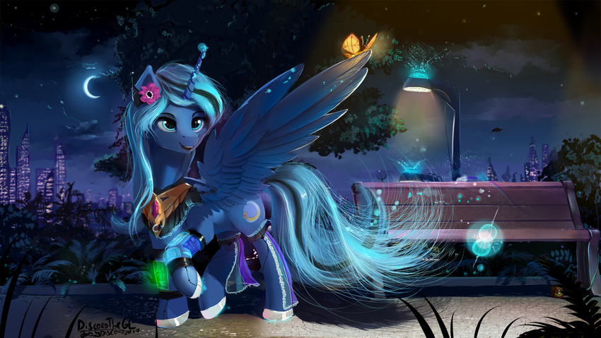 amazing_background blue_feathers cutie_mark detailed_background discordthege equine fan_character feathered_wings feathers female feral hooves horn mammal my_little_pony night outside smile solo winged_unicorn wings