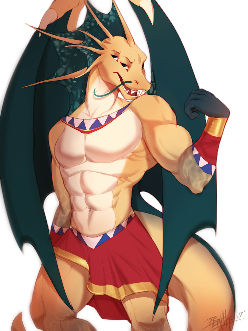 armor bracers clothing dragon dragonstache fin flexing head_fin looking_at_viewer multi_eye muscular quas_naart simple_background skirt solo vexstacy white_background wings