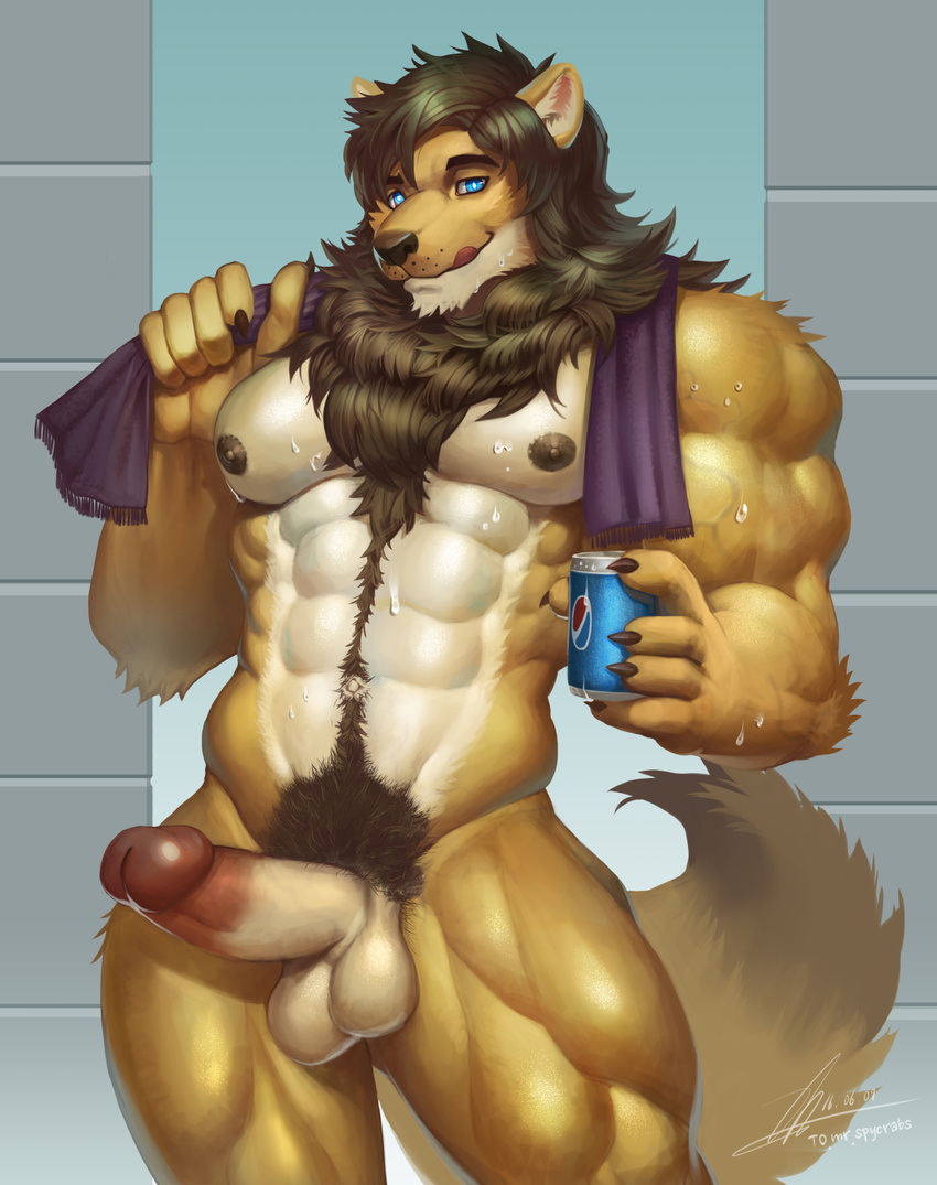 2016 5_fingers abs anthro balls biceps big_pecs big_penis biped blue_eyes body_hair brown_fur brown_hair brown_nipples brown_nose can canine circumcised claws digital_media_(artwork) digital_painting_(artwork) elan erection feline fluffy fluffy_tail front_view fur glans glossy_glans hair happy_trail hi_res huge_muscles humanoid_penis hybrid licking licking_lips lion looking_at_viewer male mammal mane mane_hair manly multicolored_fur muscular muscular_male navel nipples nude o'connell pecs penis pepsi portrait pubes raccoon21 signature snout soft_shading solo standing sweat tan_fur three-quarter_portrait tongue tongue_out towel two_tone_fur vein wolf
