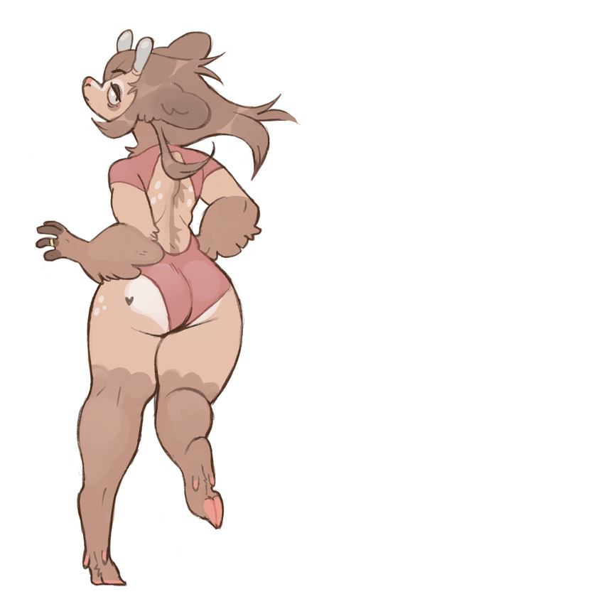 anthro butt cervine clothing deer female fur hair hooves looking_back mammal megumigoo solo thick_thighs tight_clothing