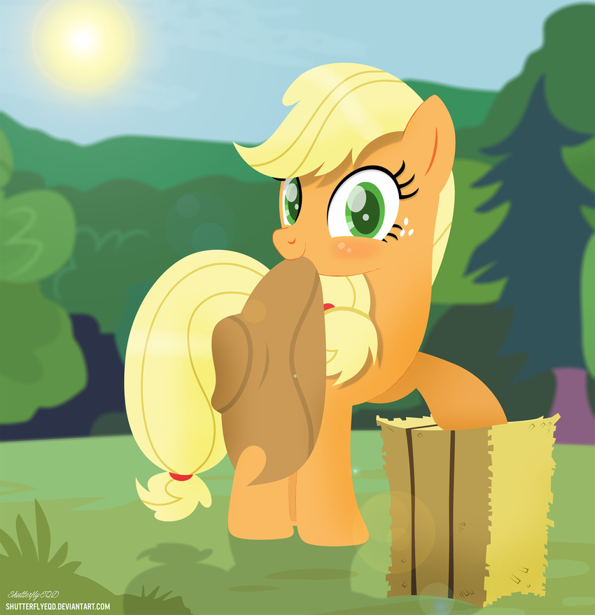 2017 applejack_(mlp) blonde_hair blush cowboy_hat earth_pony equine female feral forest freckles friendship_is_magic grass green_eyes hair hat hay hay_bale hi_res horse looking_at_viewer mammal my_little_pony outside pony shutterflyeqd sky solo sun tree