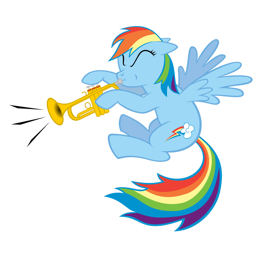 cutie_mark equine feathered_wings feathers female feral friendship_is_magic hair holding_musical_instrument mammal multicolored_hair musical_instrument my_little_pony pegasus playing_music rainbow_dash_(mlp) rainbow_hair simple_background solo supermatt314_(artist) trumpet wings