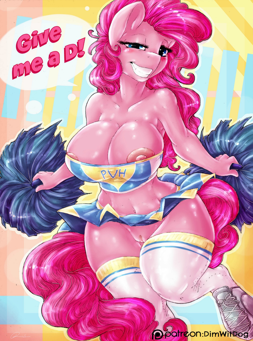 2015 abstract_background anthro anthrofied areola big_breasts blush breasts cheerleader cleavage clothed clothing dialogue dimwitdog earth_pony english_text equine female friendship_is_magic fur hair hi_res holding_object horse legwear mammal midriff my_little_pony navel nipple_slip nipples no_underwear pink_fur pinkie_pie_(mlp) pom_poms pony pussy skimpy skirt solo text thigh_highs upskirt
