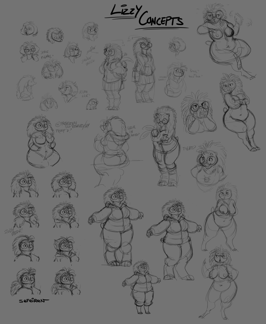 anthro backpack breasts clothed clothing concept concept_art conditional_dnp english_text eyewear female feral glasses handbag hedgehog hindpaw hoodie lagomorph lizzy mammal navel nipples nude open_mouth pants paws plushie pussy rabbit sefeiren sitting size_difference sketch slightly_chubby standing text tongue wide_hips