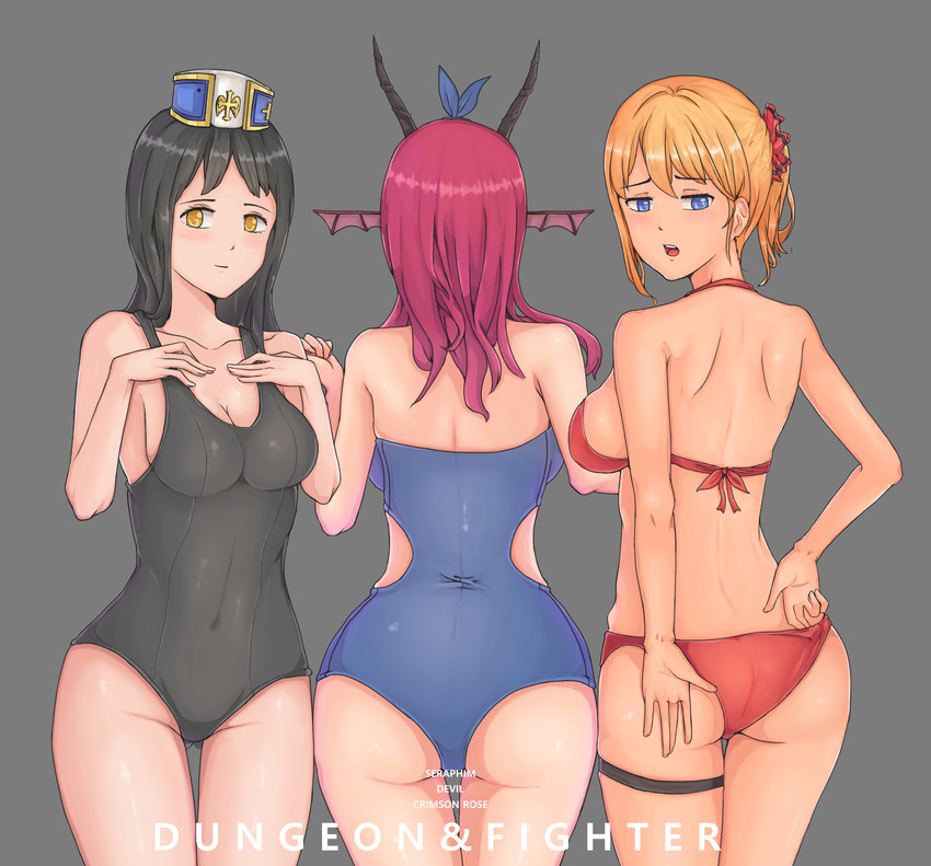 absurdres ass ass_visible_through_thighs back bangs bare_arms bare_shoulders bikini bikini_pull black_hair black_swimsuit blonde_hair blue_bow blue_eyes blue_swimsuit bow breasts chaos_(dungeon_and_fighter) character_name cleavage copyright_name covered_navel cowboy_shot demon_horns dkflkkldf dungeon_and_fighter eyebrows_visible_through_hair eyelashes facing_away female_crusader_(dungeon_and_fighter) female_gunner_(dungeon_and_fighter) female_priest_(dungeon_and_fighter) female_ranger_(dungeon_and_fighter) from_behind grey_background hair_bow hair_ornament hairband hat head_fins highres horns knight_(dungeon_and_fighter) large_breasts legs_together long_hair looking_at_viewer looking_back multiple_girls one-piece_swimsuit ponytail pulled_by_self red_bikini red_bow red_hair school_swimsuit short_hair shoulder_blades sideboob simple_background skindentation smile standing strapless strapless_swimsuit swimsuit thigh_gap yellow_eyes