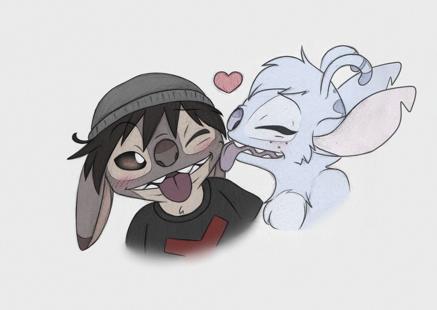 &lt;3 2016 alien antennae beanie black_hair blush brown_eyes chamille cheek_tuft chest_tuft clothed clothed/nude clothing cute digital_drawing_(artwork) digital_media_(artwork) disney duo ears_down experiment_(species) eyelashes eyes_closed fan_character freckles fur grey_background grey_fur hair happy hat head_tuft licking lilo_and_stitch no_sclera notched_ear nude one_eye_closed open_mouth open_smile periwinkle_fur purple_nose shirt simple_background smile solosandwich t-shirt tongue tongue_out tuft walker_(solosandwich)