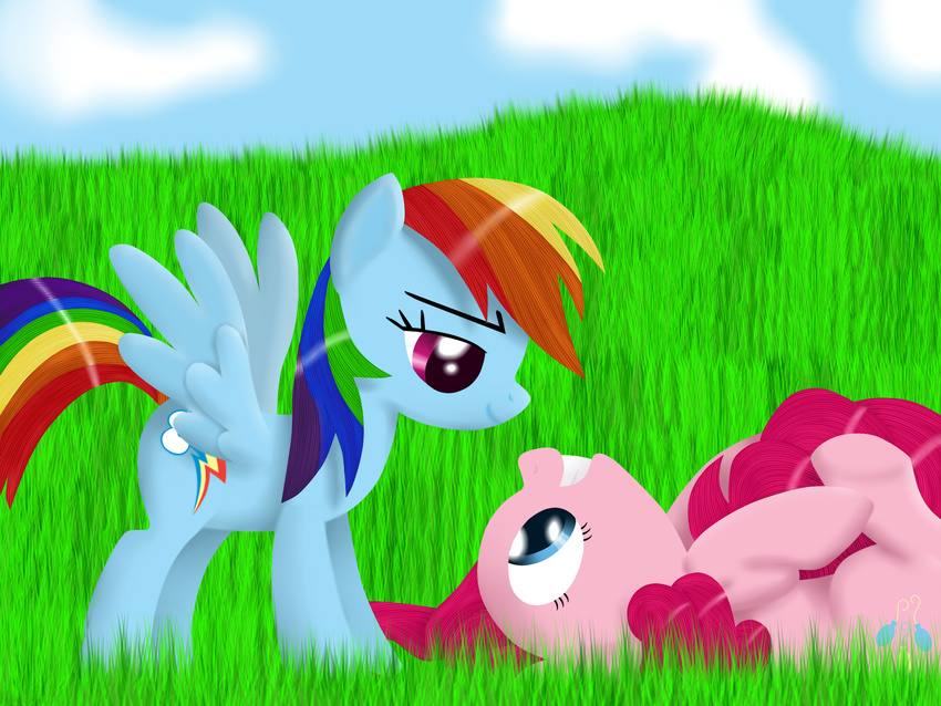 blue_eyes blue_feathers cutie_mark day detailed_background donparpan duo earth_pony equine feathered_wings feathers female feral friendship_is_magic fur grass hair horse mammal multicolored_hair my_little_pony outside pegasus pink_hair pinkie_pie_(mlp) pony rainbow_dash_(mlp) rainbow_hair sky smile wings