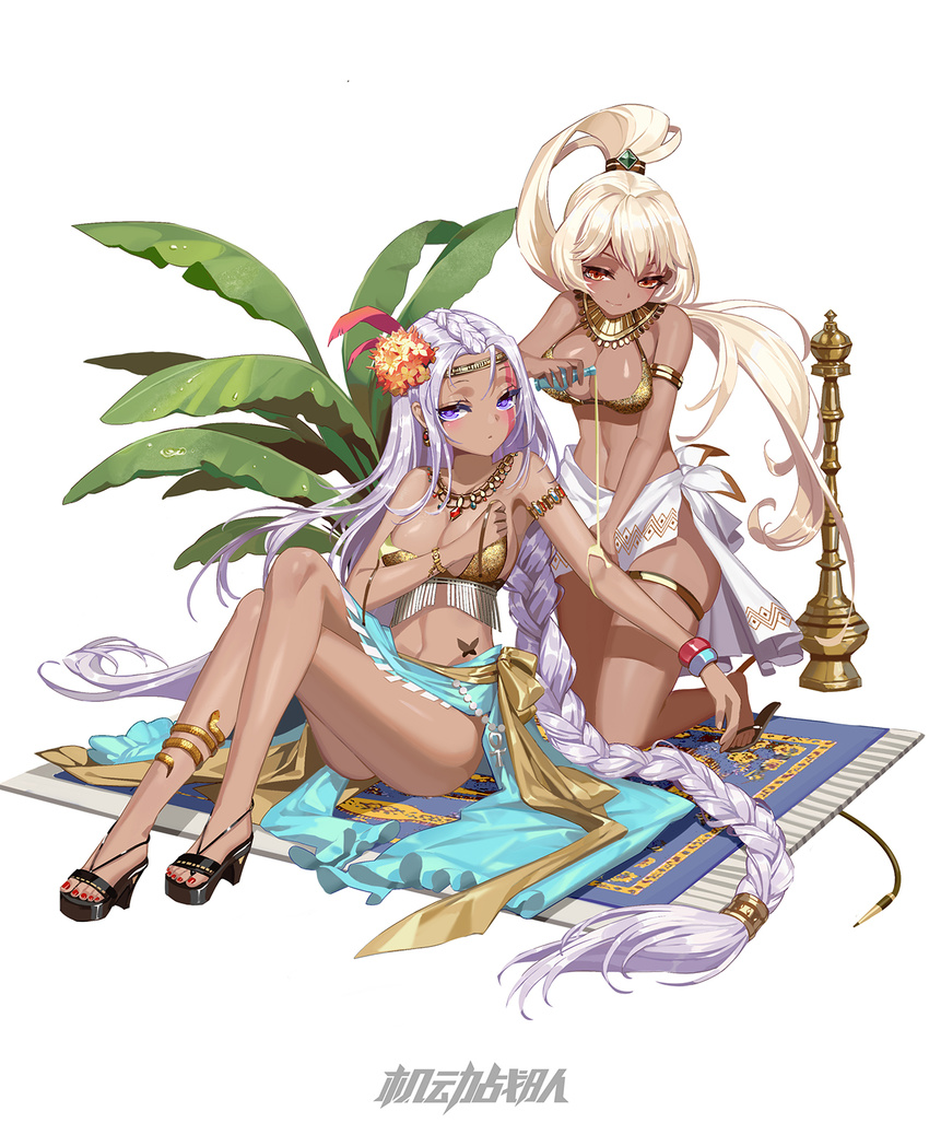 armlet bangs blonde_hair blush braid breasts carpet circlet cleavage commentary crossed_legs dark_skin egyptian egyptian_clothes flower full_body hair_flower hair_ornament high_heels highres iron_saga kneeling lavender_hair long_hair looking_at_viewer lotion medium_breasts multiple_girls nadia_(iron_saga) navel pouring purple_eyes red_eyes revealing_clothes sarong single_braid sitting smile stomach suura_(iron_saga) very_long_hair zjsstc