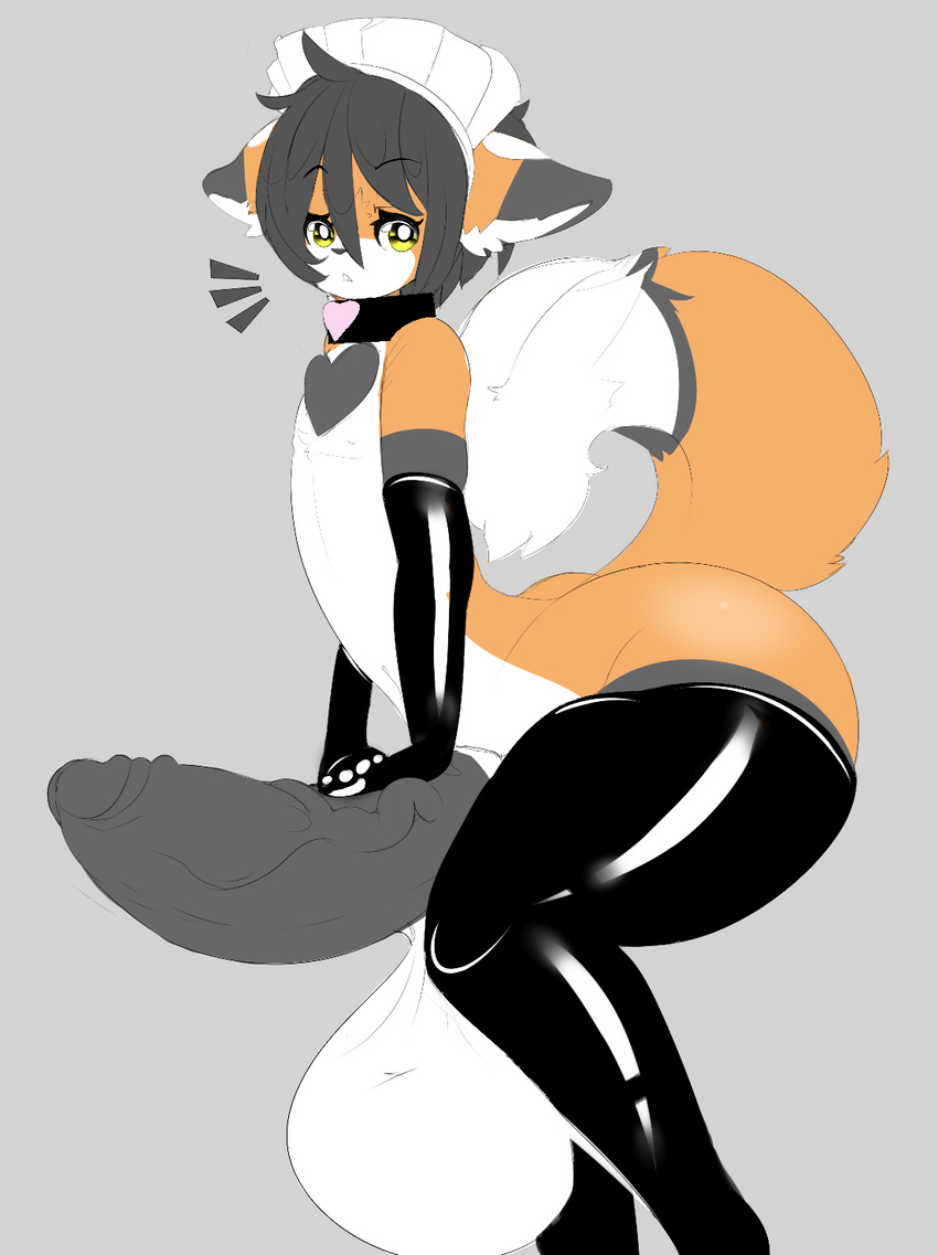 &lt;3 anthro armwear balls big_balls big_butt big_penis butt canine clothed clothing collar elbow_gloves fox fur girly gloves heart_marking huge_balls huge_penis hyper hyper_balls hyper_penis legwear looking_at_viewer maid_uniform male mammal markings orange_fur partially_clothed penis quote_(quotefox) quotefox rubber solo thigh_highs uniform white_fur yellow_eyes