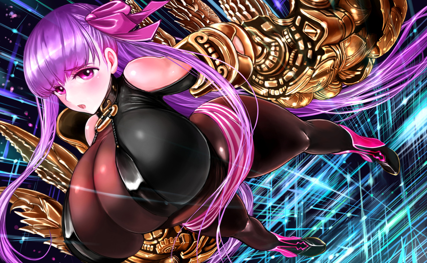 1girl bare_shoulders breasts cleavage collar curvy fate/extra fate/extra_ccc fate_(series) female gauntlets hair_ornament hair_ribbon huge_breasts long_hair looking_at_viewer naglfar o-ring pantyhose passion_lip perky_breasts purple_eyes purple_hair ribbon shiny shoes solo standing very_long_hair weapon