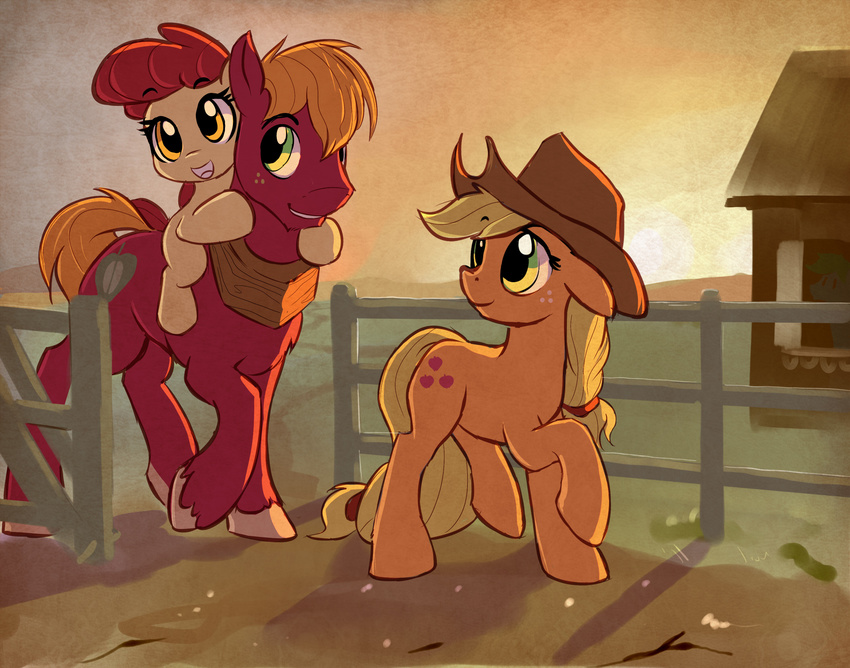 apple_bloom_(mlp) applejack_(mlp) big_macintosh_(mlp) blonde_hair brother cowboy_hat cutie_mark earth_pony equine eyebrows eyelashes female feral freckles friendship_is_magic fur green_eyes group gsphere hair hat hi_res horse mammal my_little_pony pony ranch red_hair ribbons sibling sister sisters sunset young